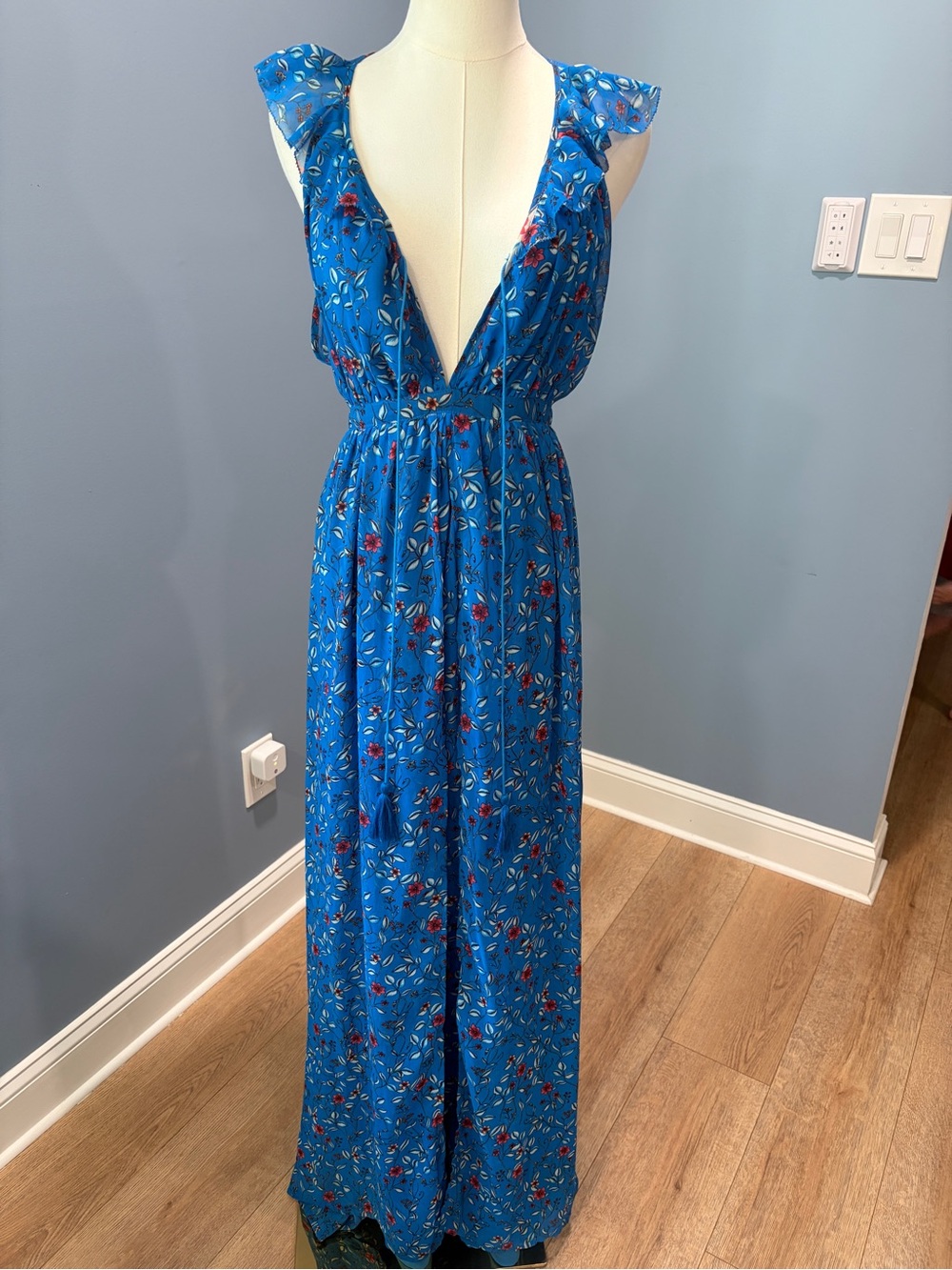Reference Blue Floral Plunge Neck Ruffle Maxi Dress Size XS
